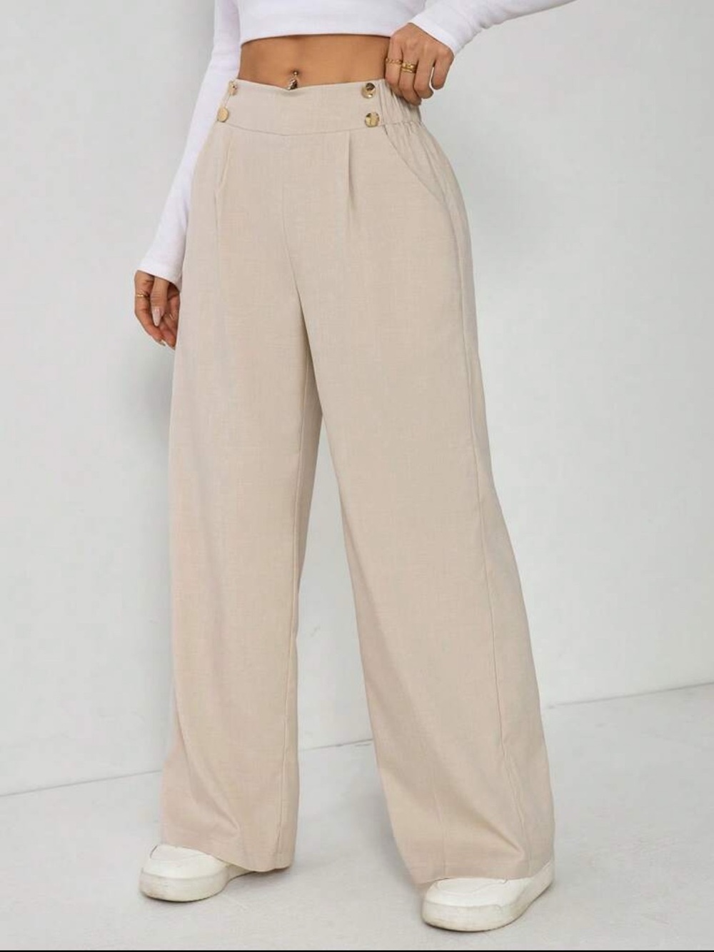 Light Beige High-Waist Wide Leg Pants with Button Detail